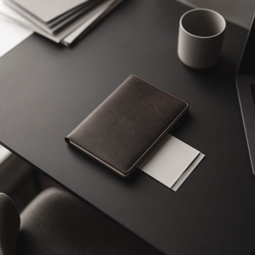 Quiet advisor desk with notebook and boarding pass in soft greyscale light